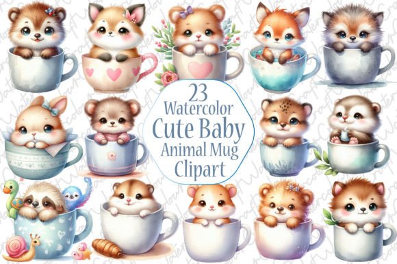 Adorable Watercolor Baby Animal Mug Clipart for Creative Projects